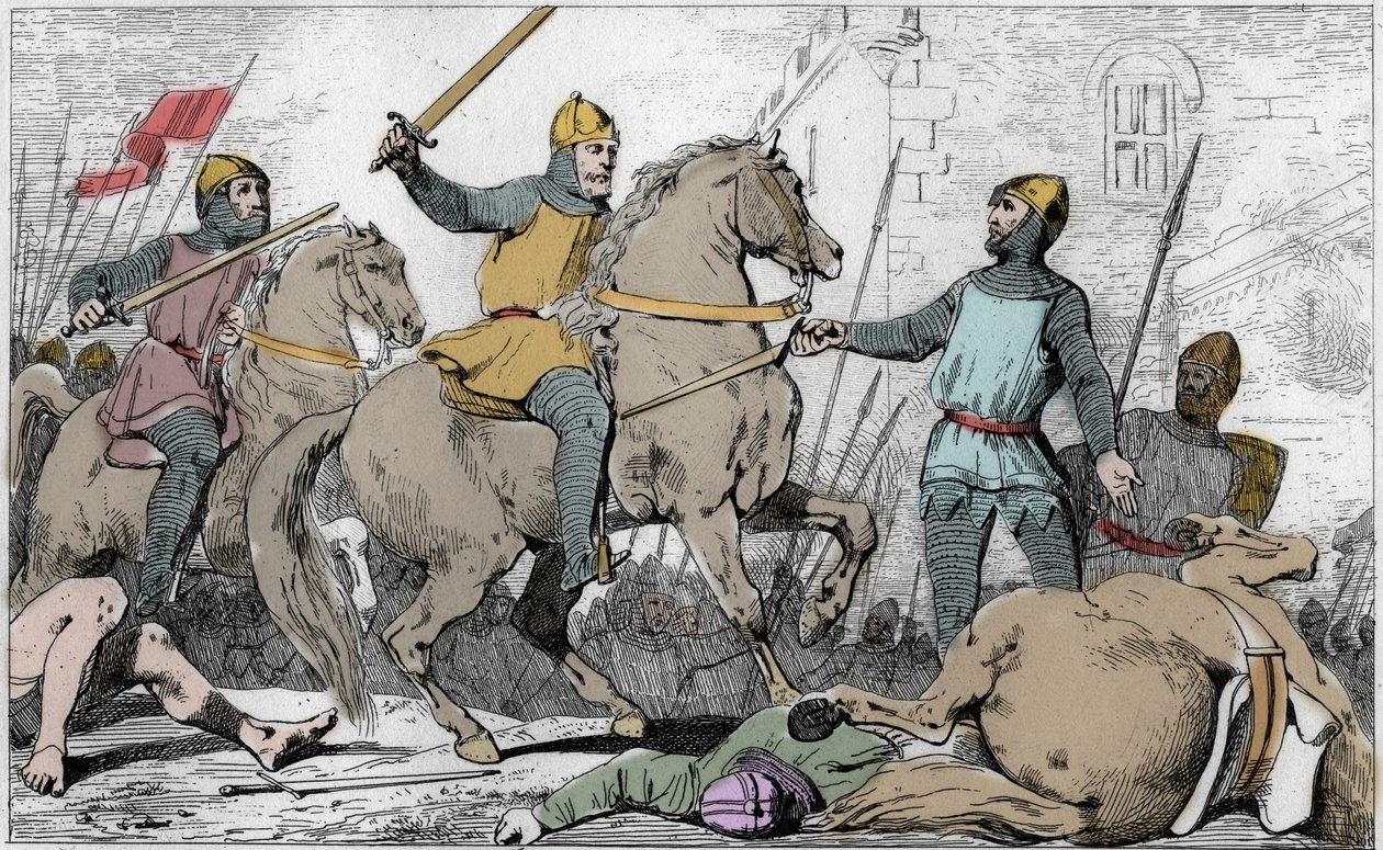 Hugo Capeto (941-996) captura a Carlos de Lorena en 988 - Fin de la dinastía carolingia, 988: arresto de Carlos (953-991), duque de Baja Lorena, por Hugo Capeto (941-996) y su ejército - Grabado de 1825 en “Historia de Francia representada por pinturas sin de Ambroise Tardieu