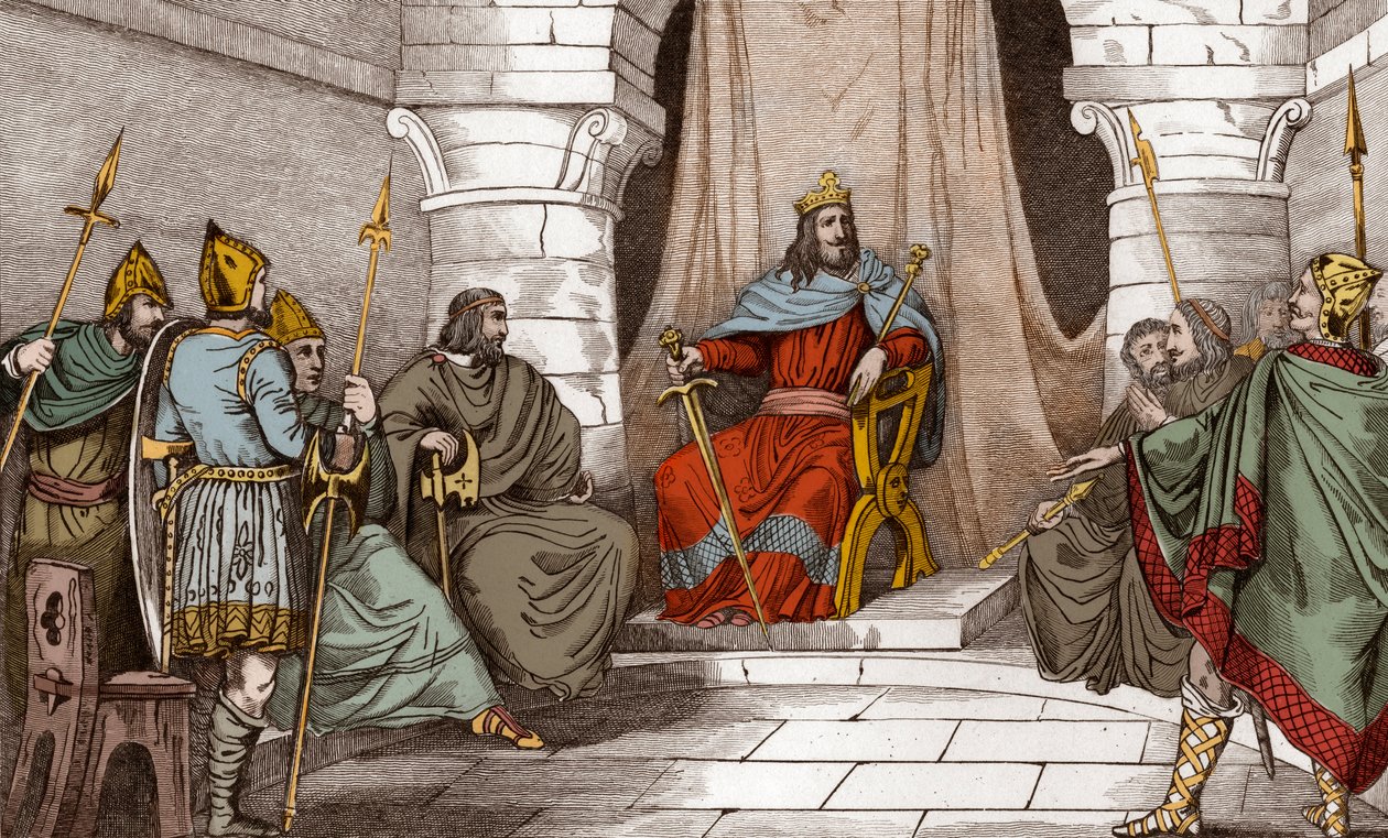 Rey Cariberto (521-567) en Consejo con Magistrados - Cariberto o Chereberto, rey de París (561-567) celebrando consejos, o impartiendo justicia - Grabado de 1825 en “Histoire de France represented by synoptic paintings dediee to the children of France and de Ambroise Tardieu