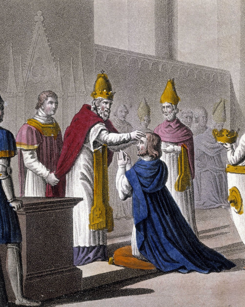 Luis II fue consagrado por segunda vez en el Concilio de Troyes por Juan VIII en 879 (detalle). Diseñado y grabado por Ambroise Tardieu en 1825 de Ambroise Tardieu