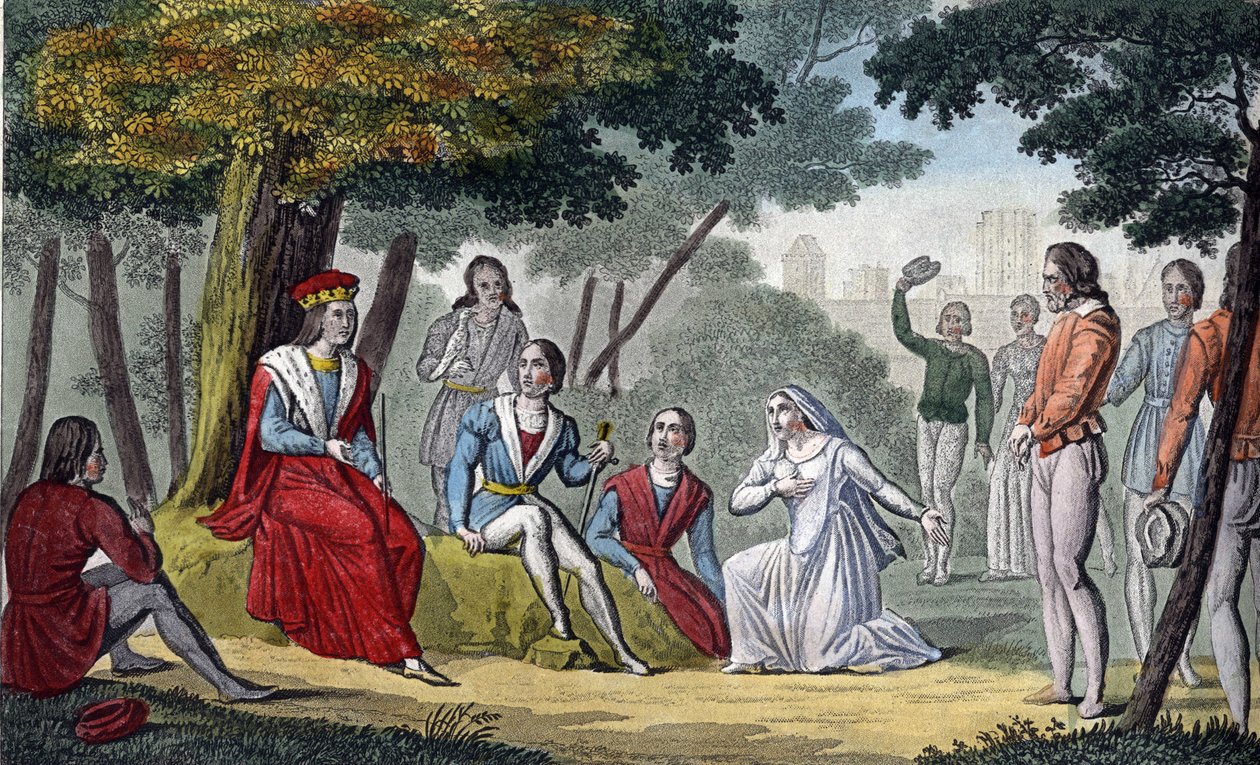 Luis IX, conocido como "San Luis" (1214-1270) impartiendo justicia a todos sus súbditos en el bosque de Vincennes - Diseñado y grabado por Ambroise Tardieu en 1825. de Ambroise Tardieu
