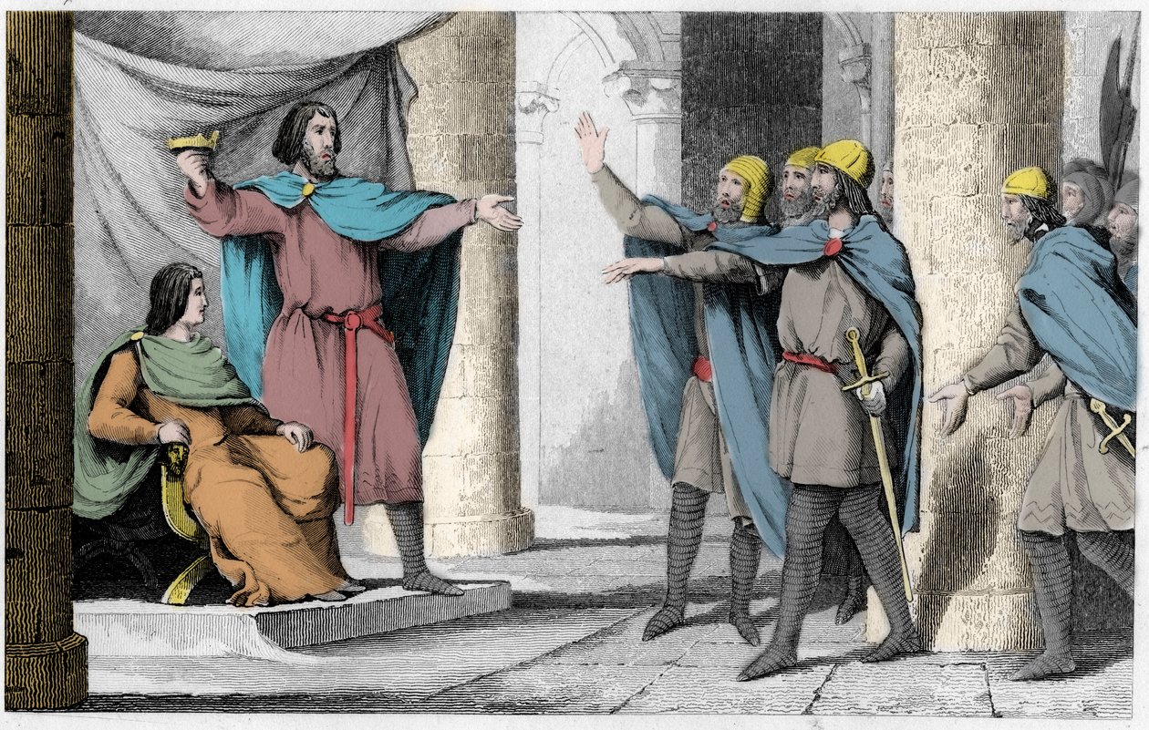 Luis V el Indolente muestra su corona a sus seguidores en 986 - Luis V el Holgazán (c. 967-987), proclamado rey de Francia por la protección de Hugo Capeto, quien se convirtió en rey de Francia, en 986 - Grabado de 1825 en “Histoire de France representada  de Ambroise Tardieu