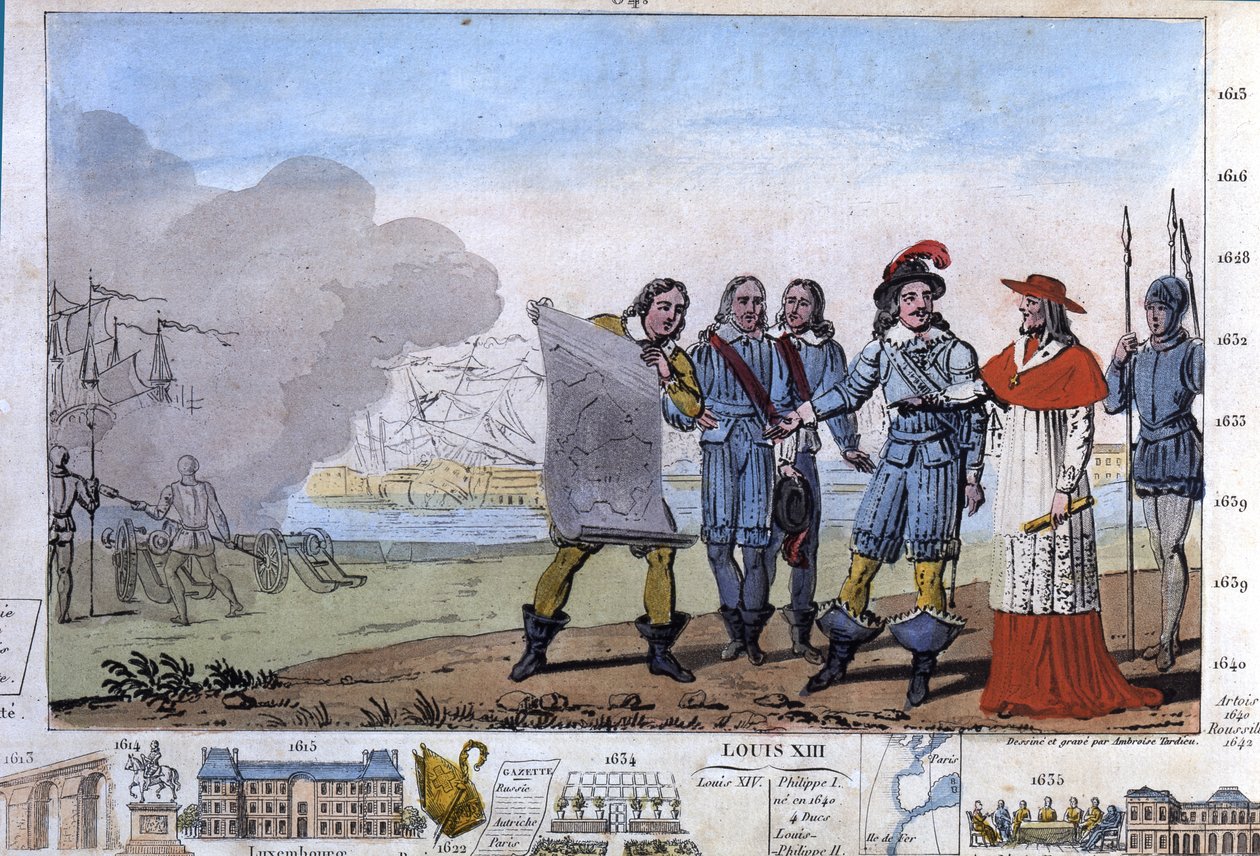 Luis XIII (1601-1643) y el Cardenal Richelieu en el sitio de La Rochelle, plaza de armas de los protestantes. - Diseñado y grabado por Ambroise Tardieu en 1825. de Ambroise Tardieu