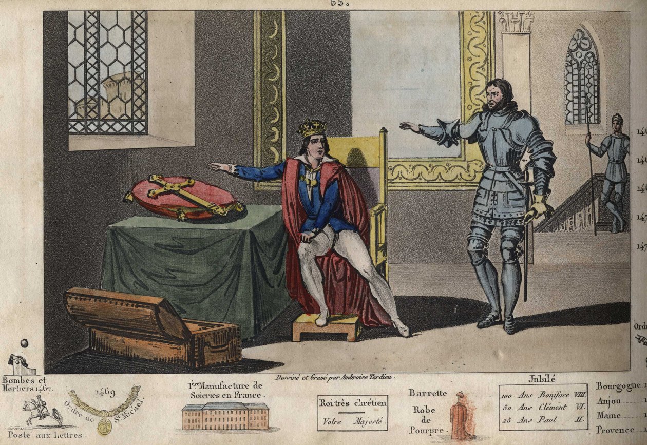 Luis XI (1423-1483) es retenido prisionero en Peronne, y desde su apartamento puede ver la torre donde Carlos III murió después de 6 años de cautiverio. Solo recuperó la libertad después de jurar sobre la Cruz de Carlomagno que mantendría fiel el tratado q de Ambroise Tardieu