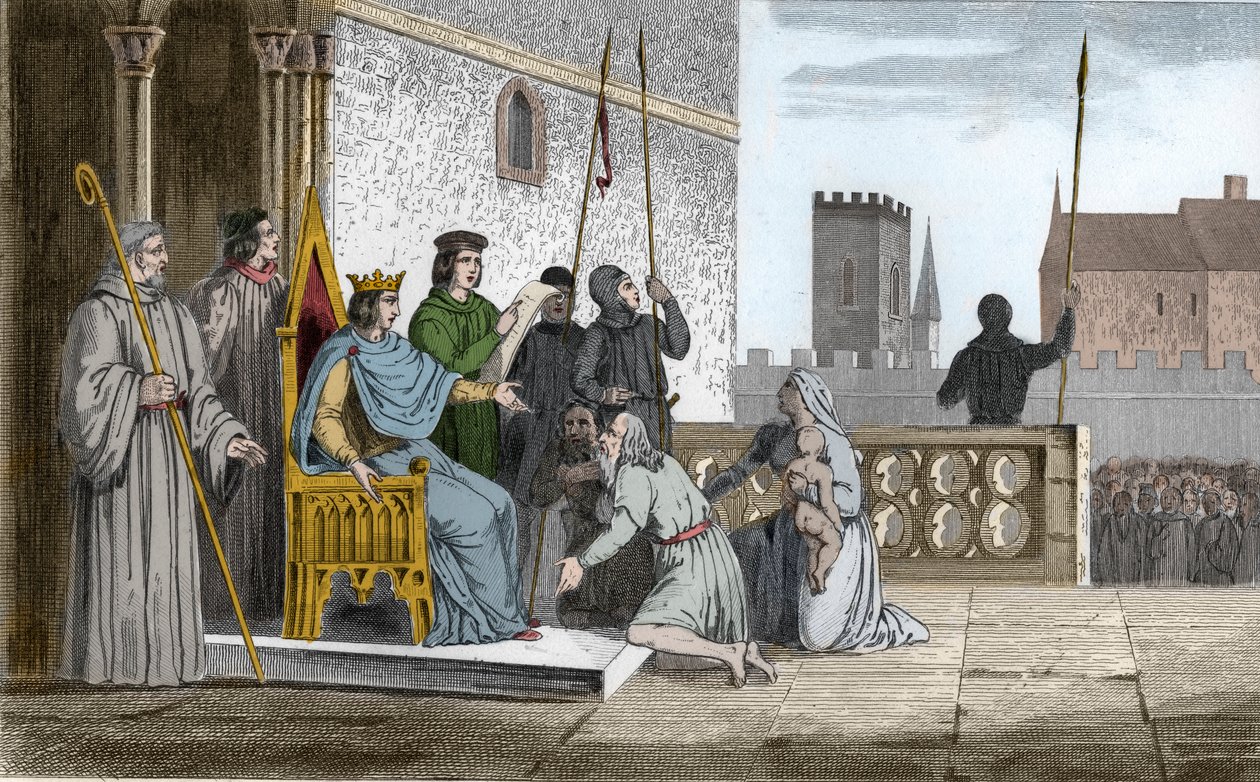 Luis X (1289-1316) el Travieso emancipa a los siervos - Luis X llamado “Le Hutin” (1289-1316), dinastía de los Capetos, conocido por haber liberado a todos los siervos de su reino a quienes obligó a redimir su libertad - Grabado de 1825 en “Histoire de Fra de Ambroise Tardieu