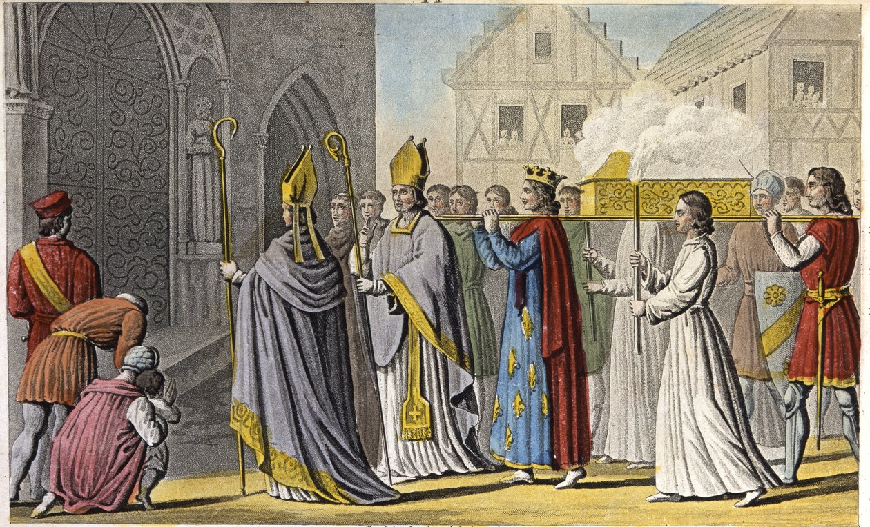 Felipe III hizo un servicio solemne a Notre-Dame y llevó el ataúd a pie a Saint-Denis que contenía la cabeza y los huesos de San Luis, la carne y las entrañas habiendo sido colocadas en una tumba cerca de Palermo en Sicilia - Reinado de Felipe III de Franc de Ambroise Tardieu