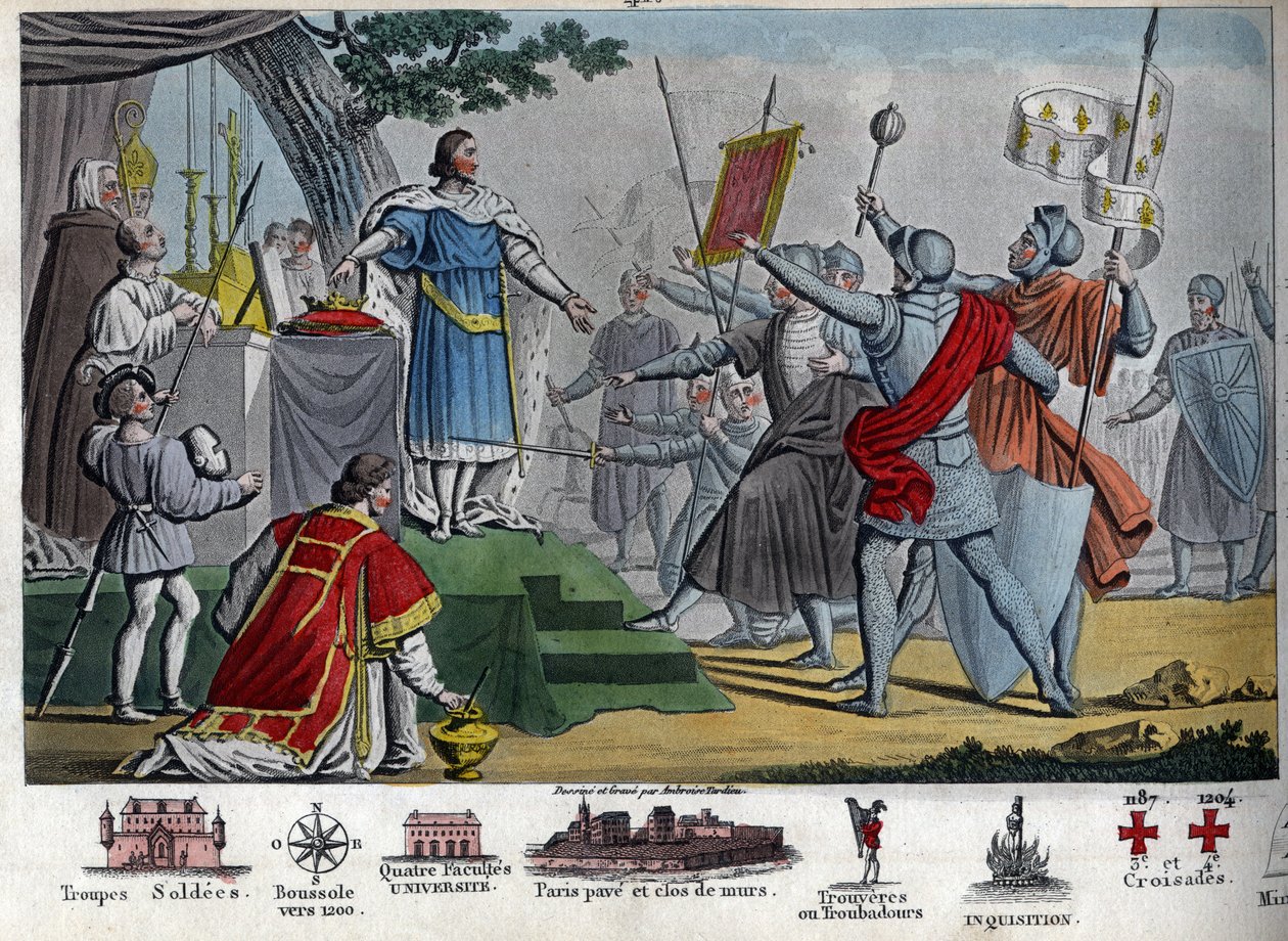 Felipe II (1165-1223), Rey Capeto, conocido como "Augusto", propone dar su corona a sus soldados si son capaces de mantenerla un día antes de la Batalla de Bouvines, pero todos prefieren mantener a su rey. Al ganar esta batalla, Felipe II destruyó una coal de Ambroise Tardieu