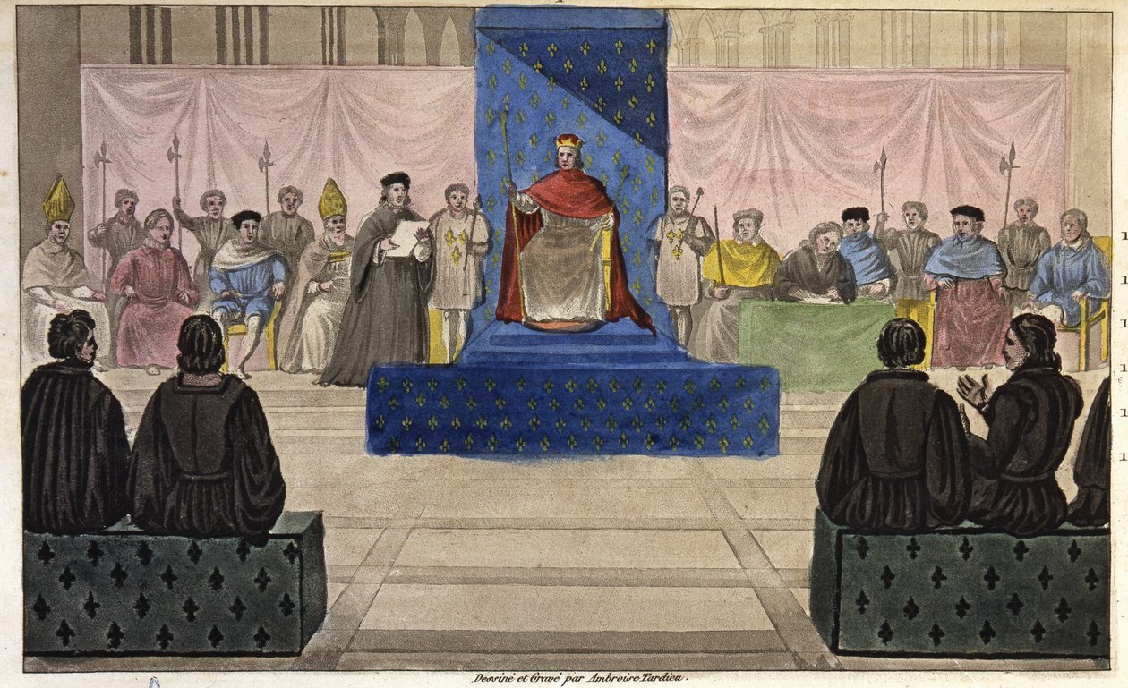 Felipe IV reúne en el Louvre a los Estados Generales, compuestos por clero, nobleza y destacados burgueses o tercer estado que fue admitido por primera vez en 1301 - Diseñado y grabado por Ambroise Tardieu en 1825. de Ambroise Tardieu