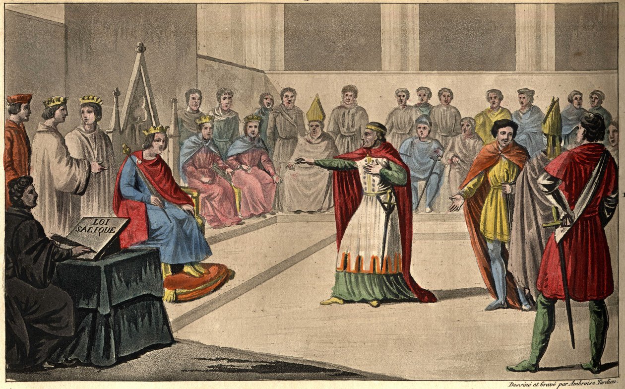 Felipe V llamado "El Largo" (1294-1322). Los Estados Generales, convocados en el Louvre, declararon a Felipe V Rey y excluyeron de la corona a su sobrina Juana en 1316; aplicando así la ley sálica. Sucedió a Juan I póstumamente. de Ambroise Tardieu
