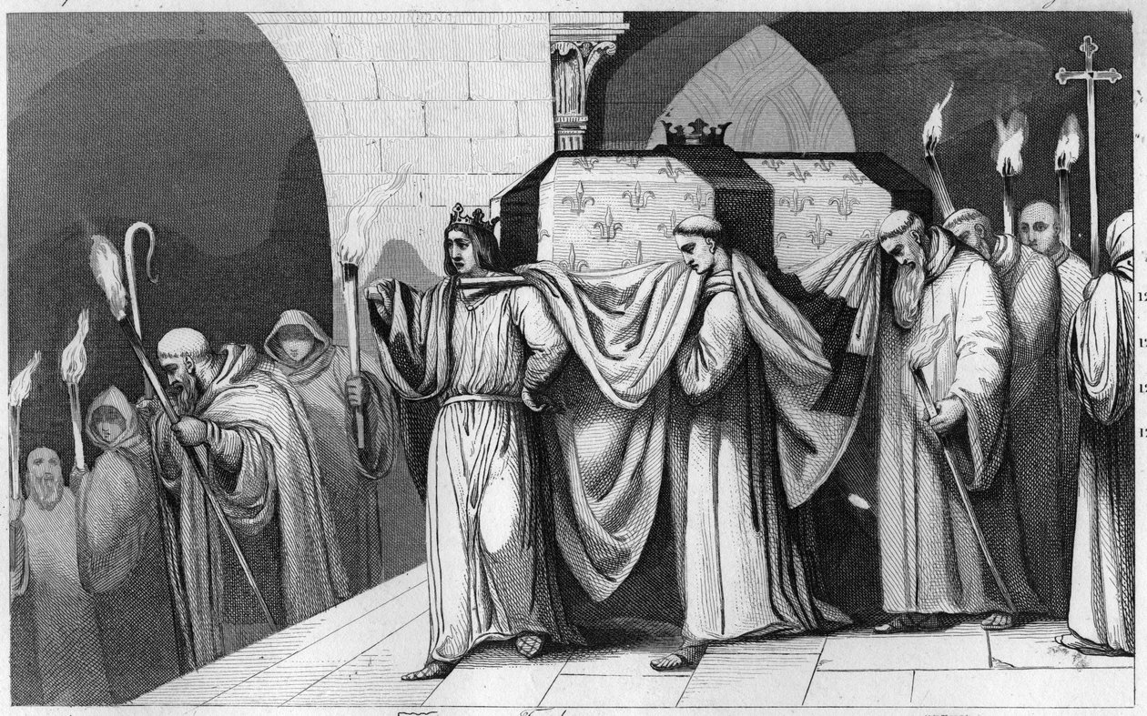 Felipe III el Atrevido (1245-1285) ayuda a llevar el ataúd de su padre en la Basílica de Saint Denis en 1271 - Felipe III el Atrevido transporta las reliquias de su padre Luis IX (San Luis) a la basílica de Saint Denis, necrópolis de los reyes en 1271 - Gr de Ambroise Tardieu