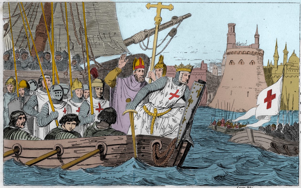 Séptima Cruzada: el Rey San Luis (1214-1270) y los cruzados sitiando Damieta en junio de 1249 en el Bajo Egipto - Séptima Cruzada a Tierra Santa 1248-50 - San Luis IX (1214-70) lidera a sus tropas en batalla - Grabado de 1825 en “Historia de Francia repres de Ambroise Tardieu