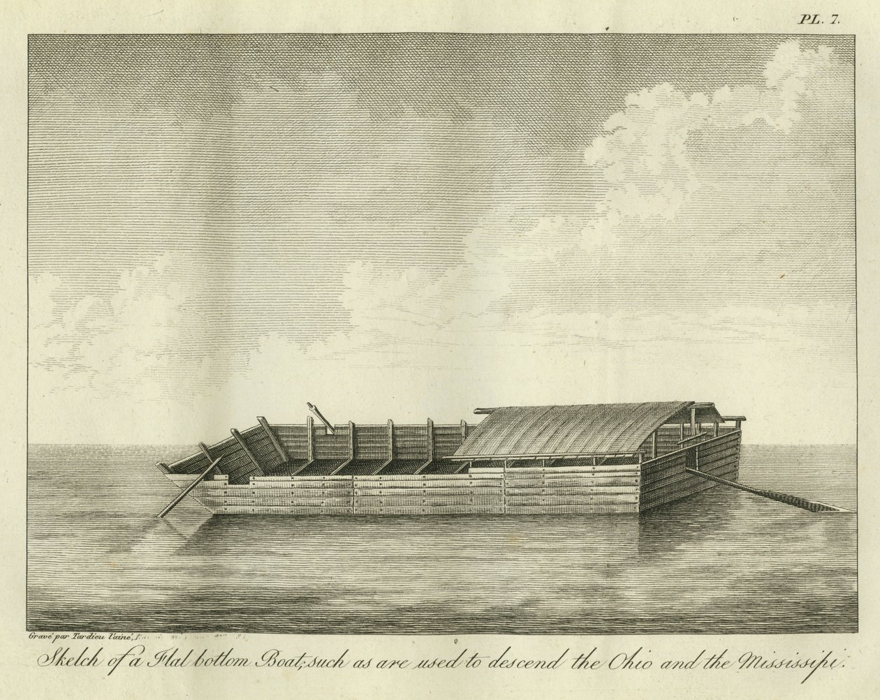 Boceto de un bote de fondo plano, como los que se usan para descender el Ohio y el Mississippi, publicado en 1826 de Ambroise Tardieu