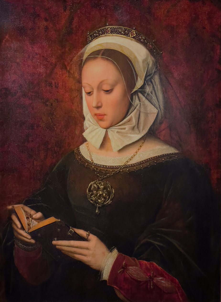 Joven en oración, leyendo un Libro de Horas, c. 1520-1530 (Óleo sobre madera) de Ambrosius Benson