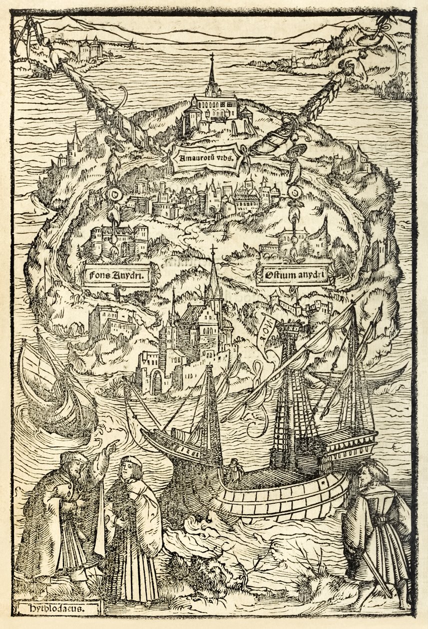 Mapa de la Nueva Isla de Utopía de una edición de 1518 de Utopía por Sir Thomas More (1478-1535), publicada por primera vez en 1516. Xilografía de Ambrosius Holbein (c. 1494-c. 1519) mostrando la isla con protagonistas de Ambrosius Holbein