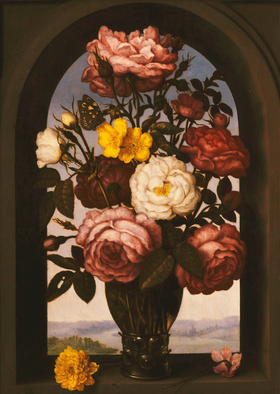 Rosas en un Roemer con un ranúnculo turco y un ciclamen en una ventana, con un paisaje fluvial al fondo de Ambrosius the Elder Bosschaert