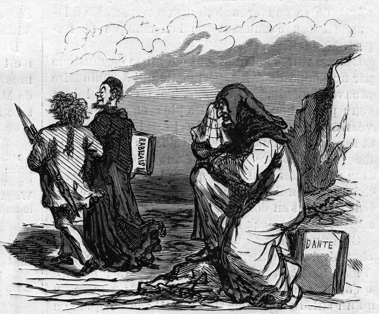 El pobre Dante empieza a llorar cuando ve a Gustave Doré del brazo con ese pequeño hombre Rabelais. Caricatura de Cham. Grabado en 