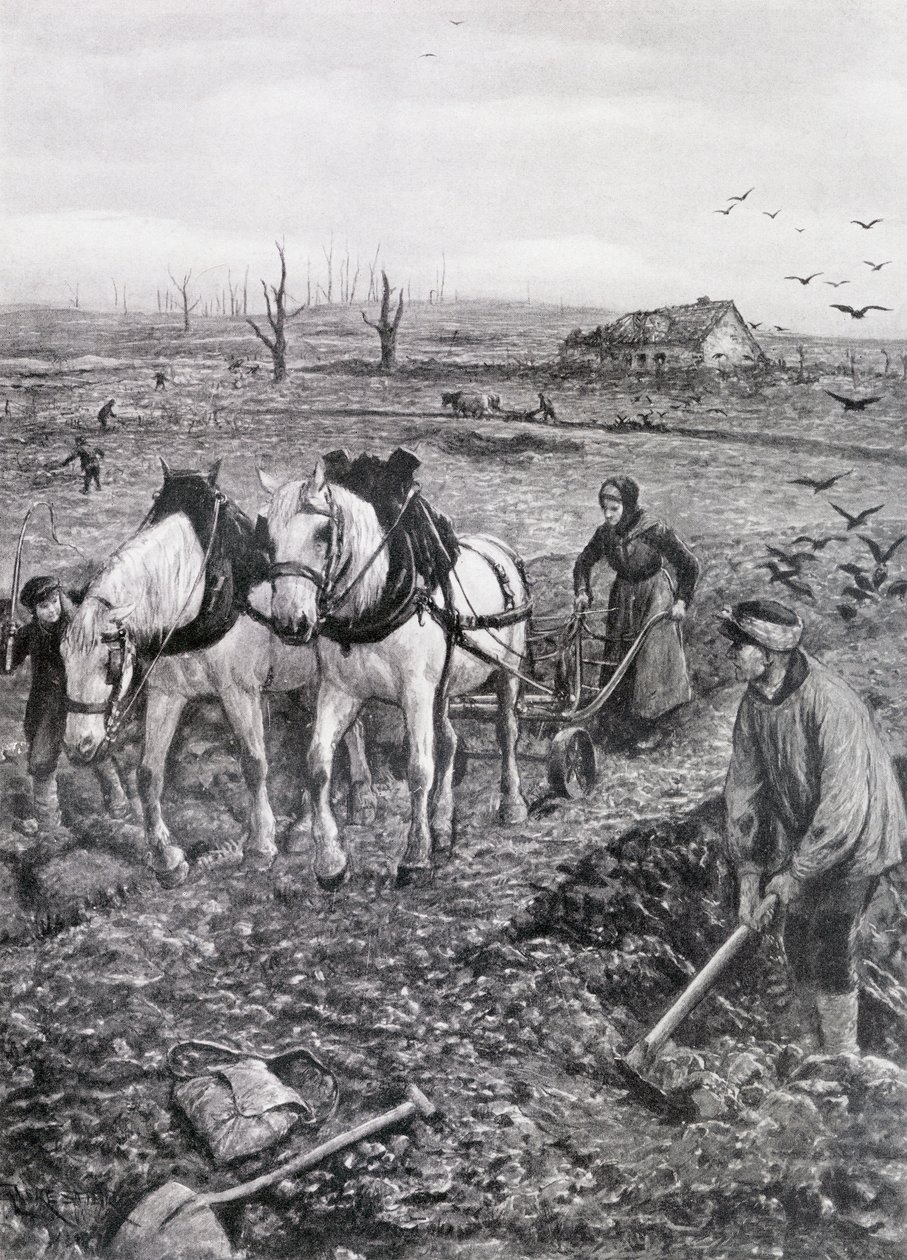 Campesinos trabajando en campos arruinados, 1918 de Amedee Forestier