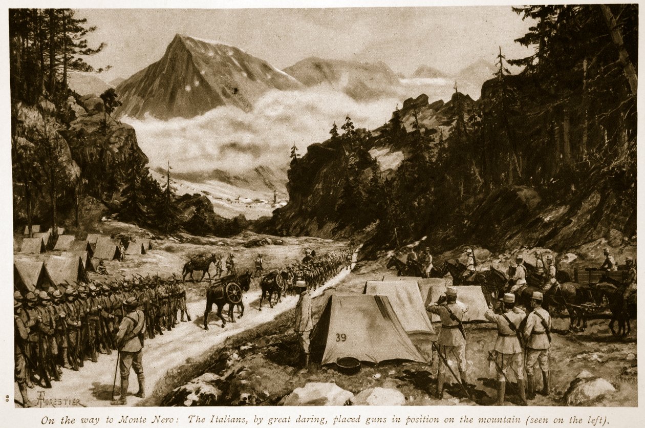 En camino a Monte Nero: Los italianos, con gran audacia, colocaron cañones en posición en la montaña, 1914-19 de Amedee Forestier