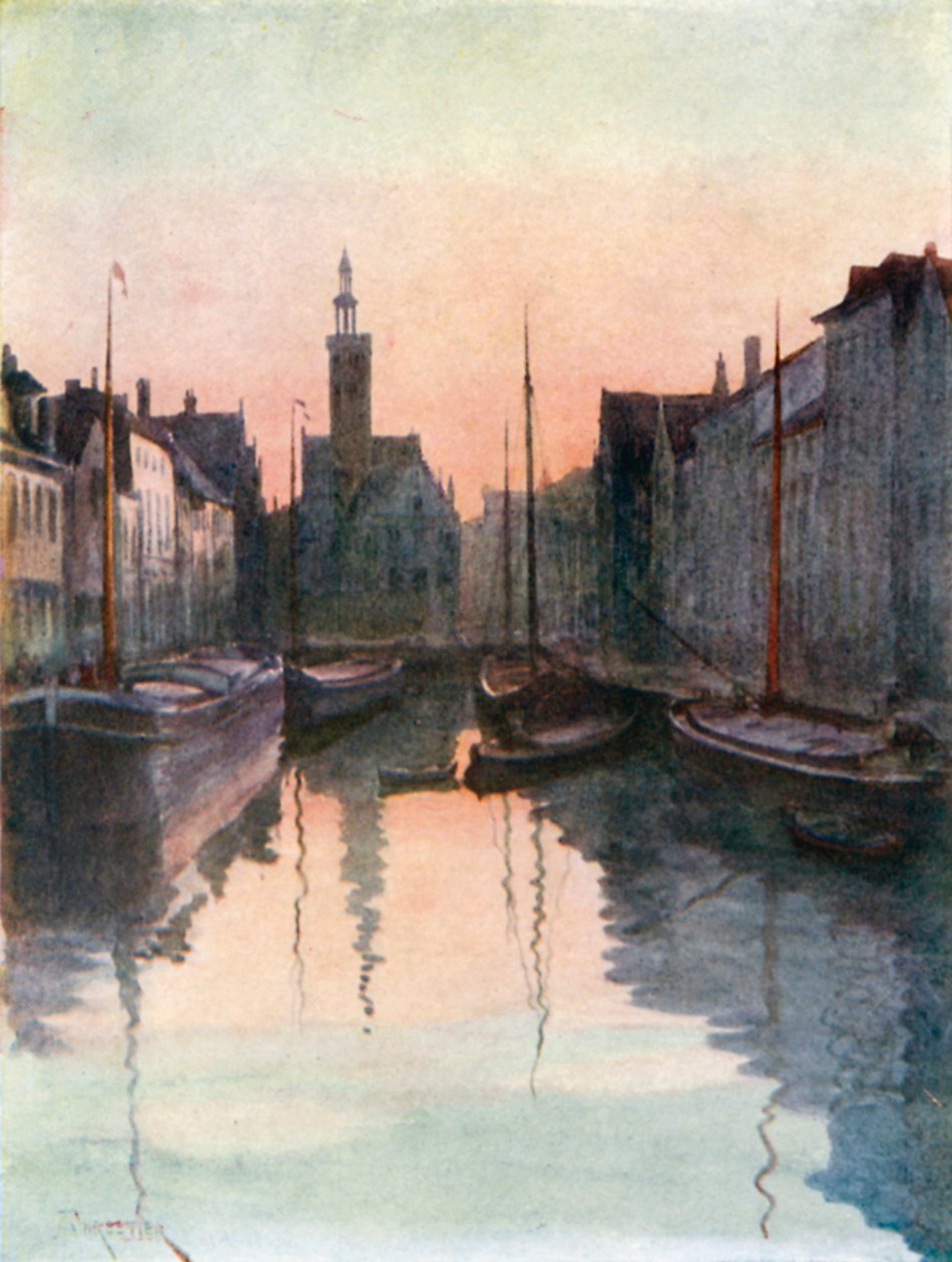 Quai du Miroir, Brujas (litografía en color) de Amedee (after) Forestier
