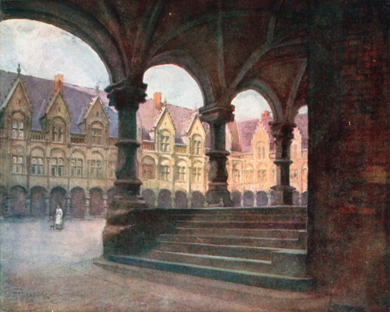 Palacio Episcopal - Patio exterior, Lieja (litografía en color) de Amedee (after) Forestier