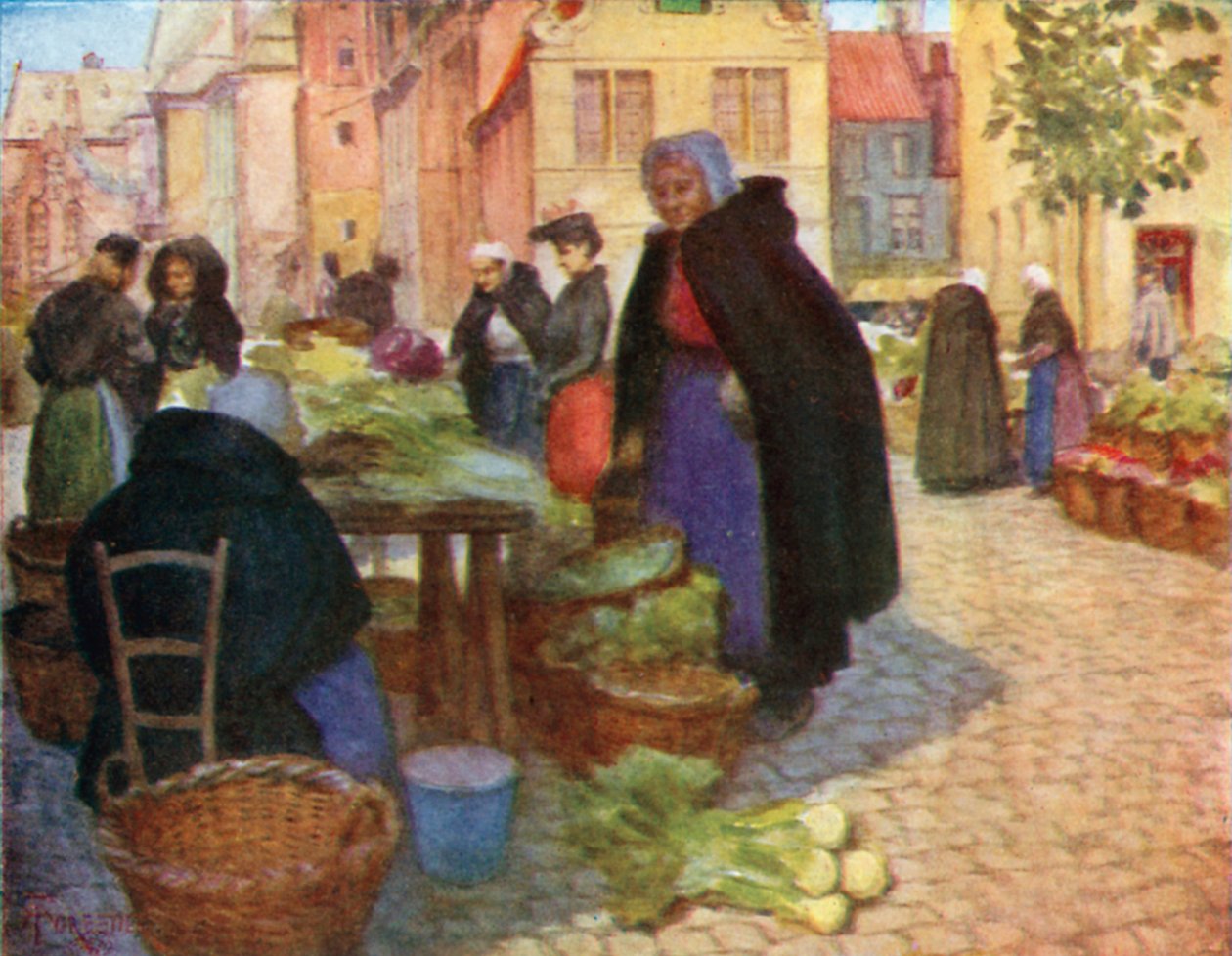 Mercado de verduras, Brujas (litografía en color) de Amedee (after) Forestier