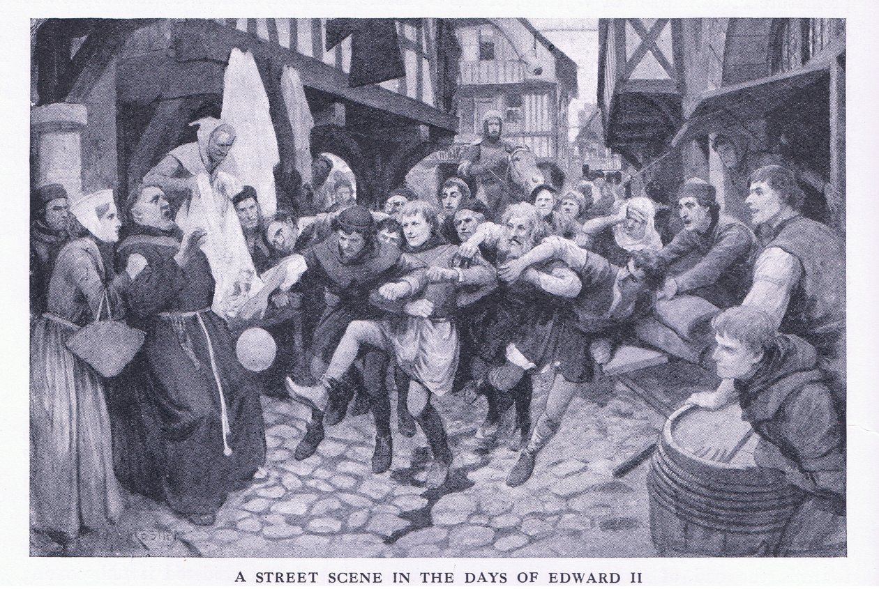 Una escena callejera en los días de Eduardo II, de Cassells History of the British People publicado por la Waverley Book Company Limited, c.1940 de Amedee Forestier