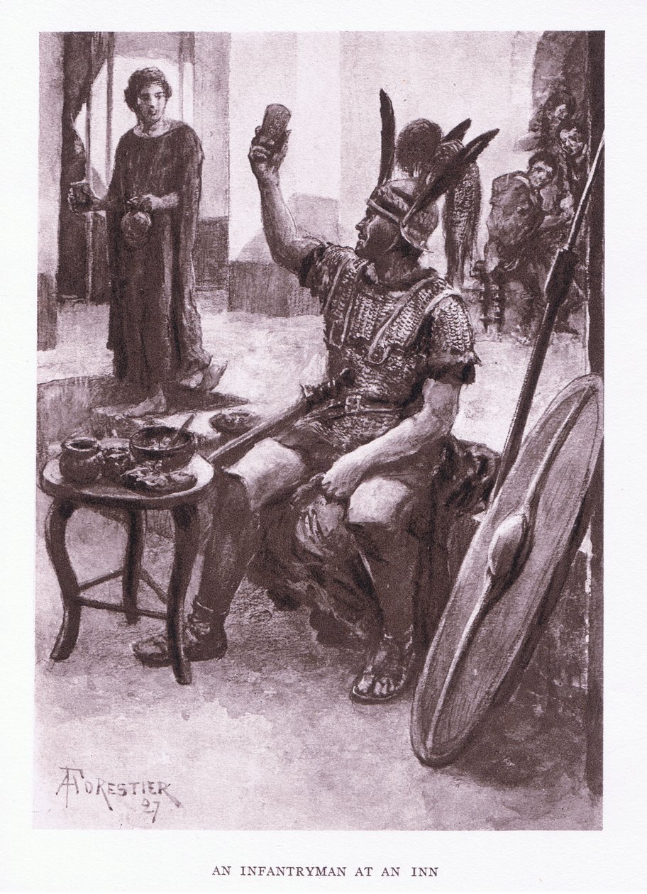 Un infante en una posada, ilustración de El Soldado Romano, 1928 de Amedee Forestier
