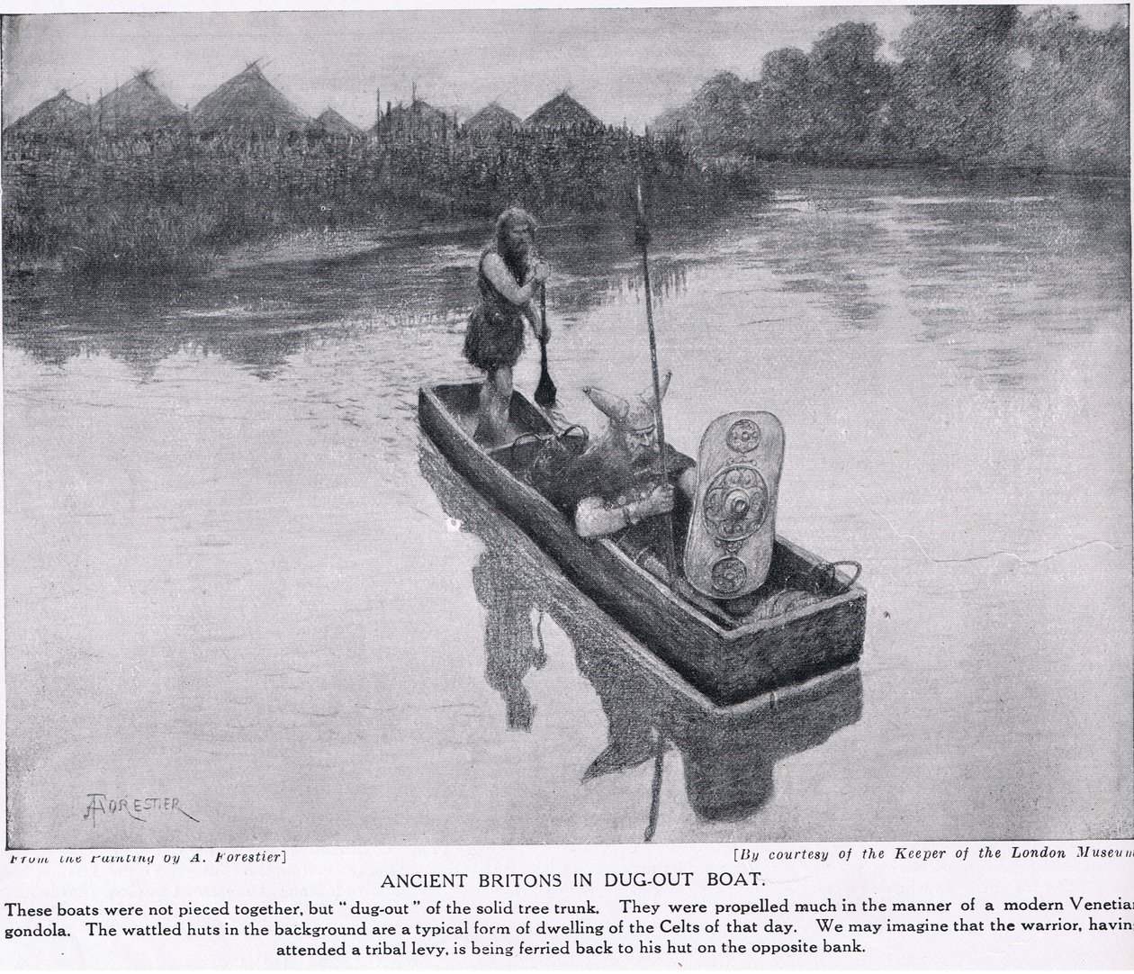 Antiguos britanos en bote excavado, ilustración de 