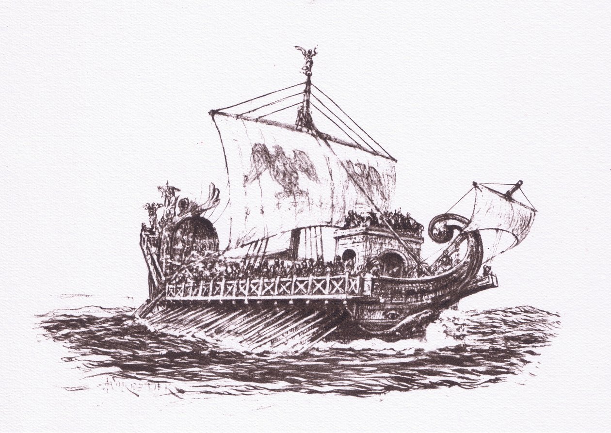 Patrulla de la flota: barcos romanos, ilustración de El Soldado Romano, 1928 de Amedee Forestier