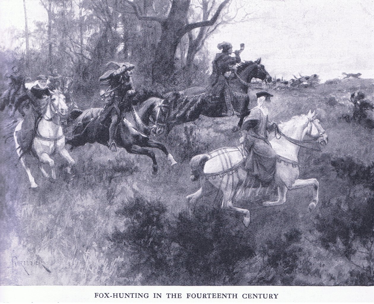 Caza de zorros en el siglo XIV, de Cassells History of the British People publicado por la Waverley Book Company Limited, c.1940 de Amedee Forestier