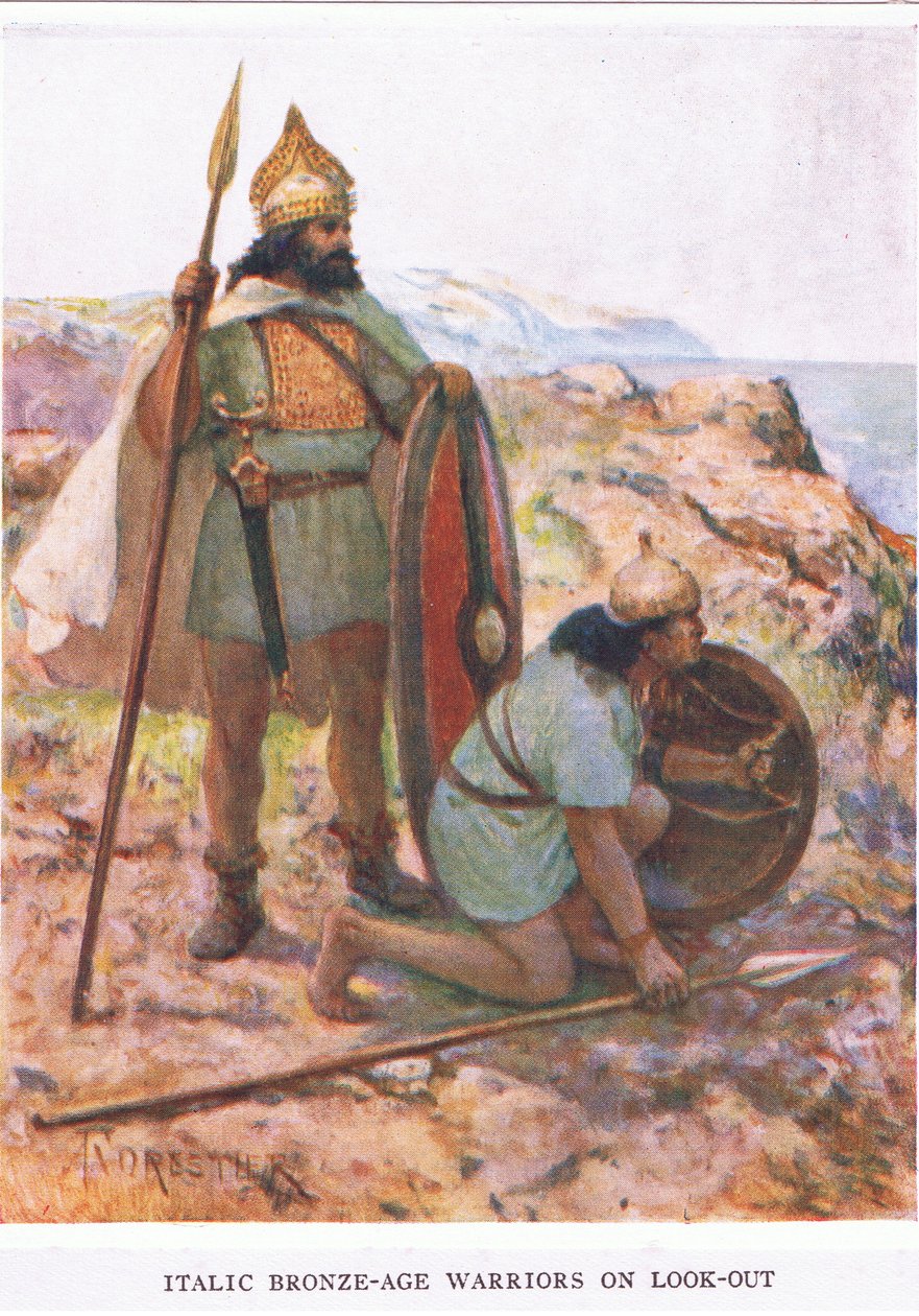 Guerreros de la Edad del Bronce Itálica en la vigilancia, ilustración de 
