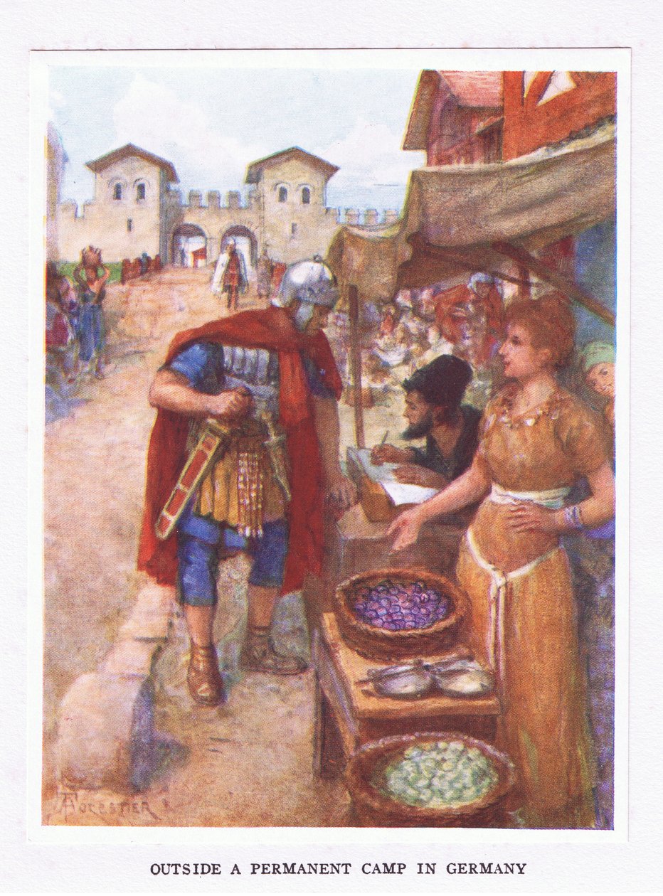 Fuera de un campamento permanente en Alemania, ilustración de El Soldado Romano, 1928 de Amedee Forestier