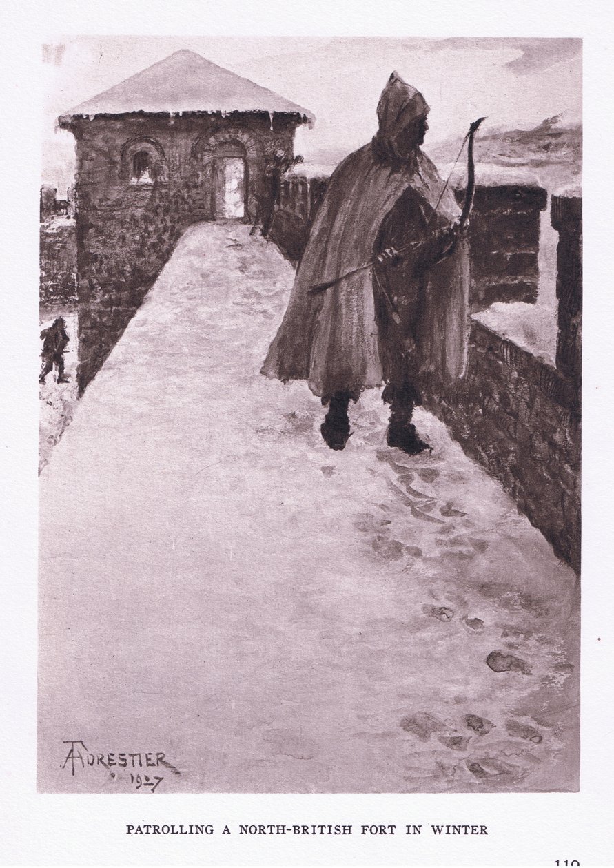 Patrullando un fuerte británico del norte en invierno, ilustración de El Soldado Romano, 1928 de Amedee Forestier