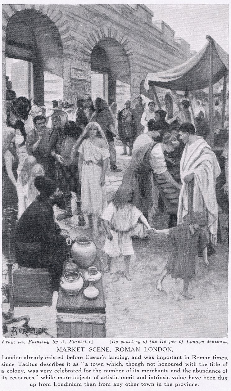 Escena de mercado romano, Londres, ilustración de 
