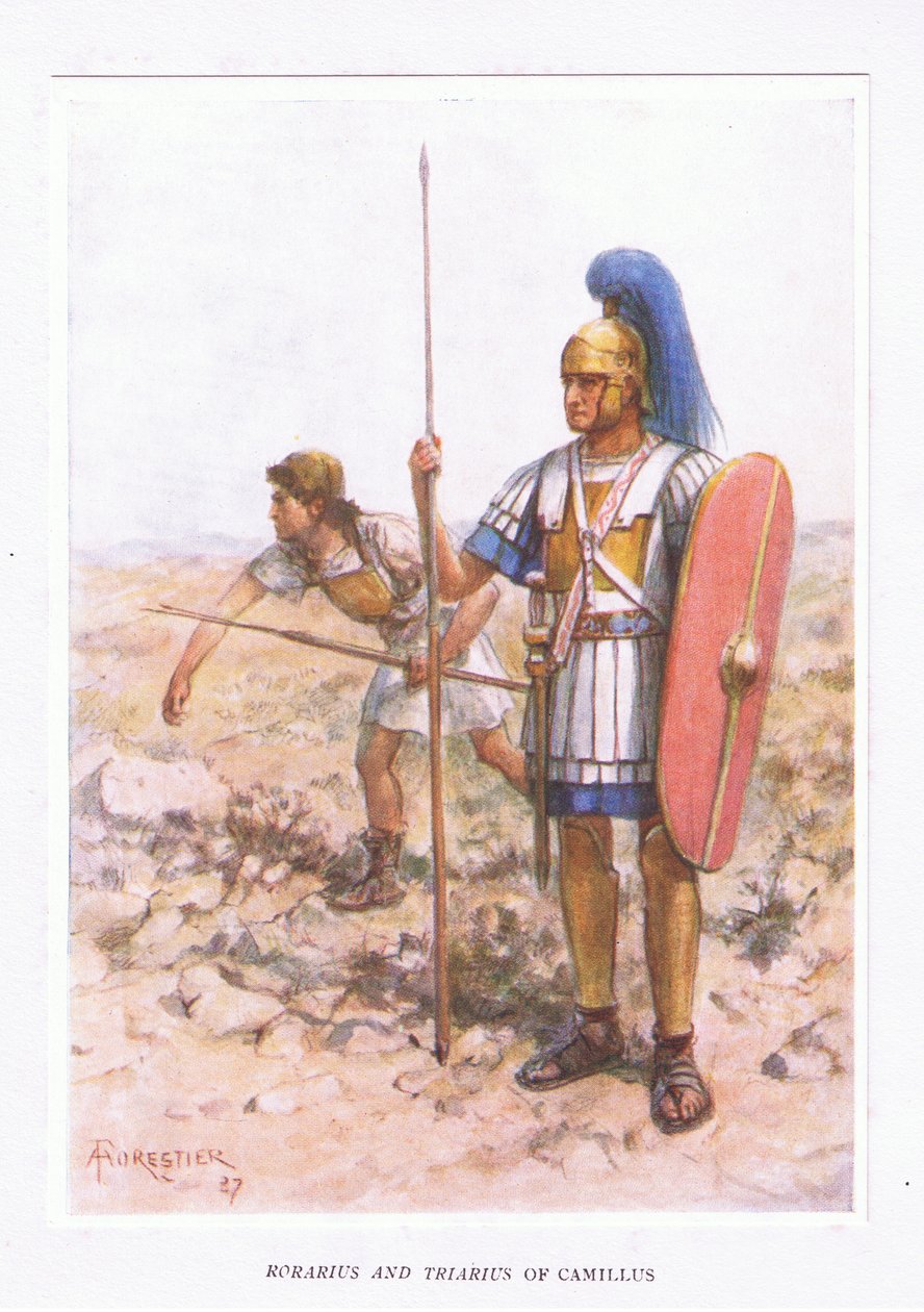 Rorarius y Triarius en Camillus, ilustración de El Soldado Romano, 1928 de Amedee Forestier