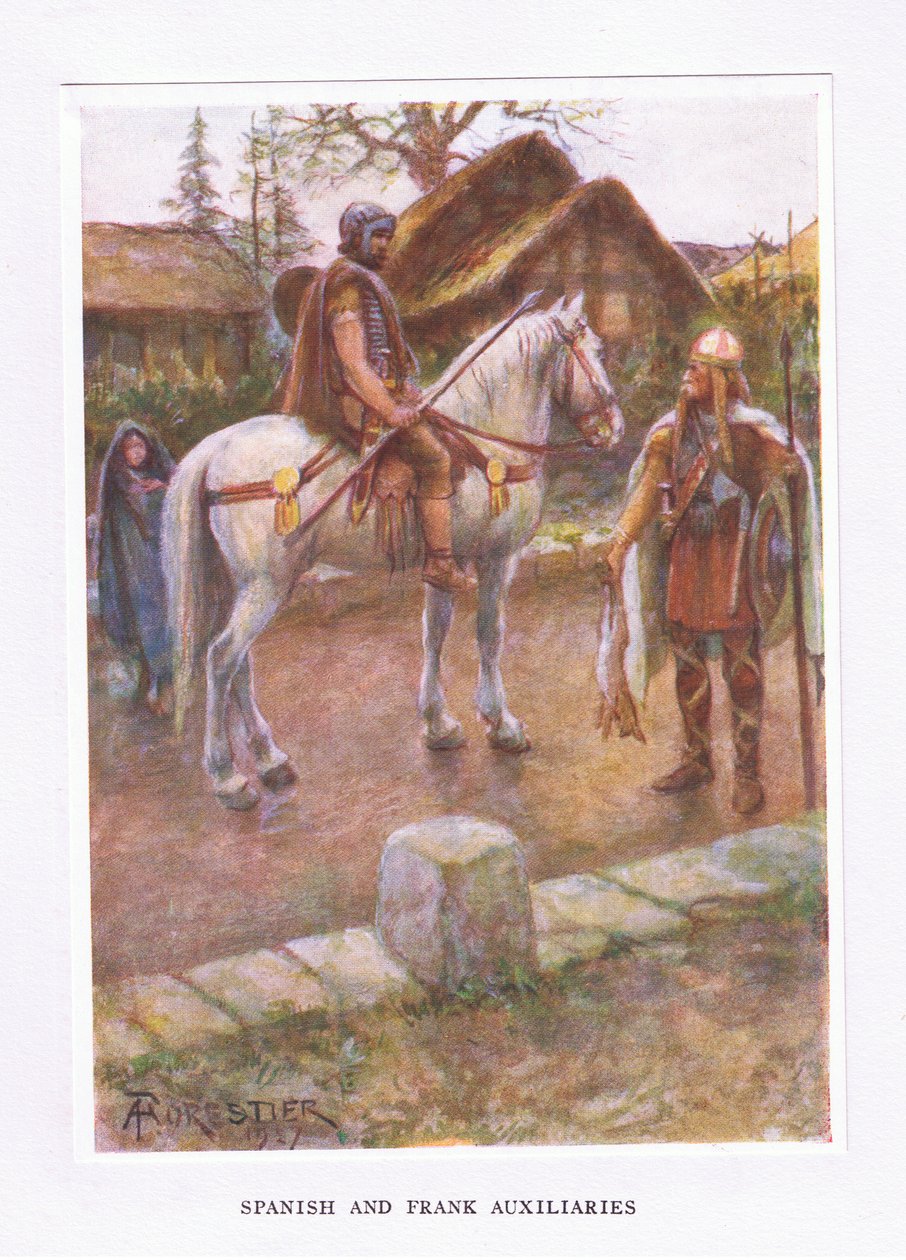 Auxiliares españoles y francos, ilustración de El Soldado Romano, 1928 de Amedee Forestier