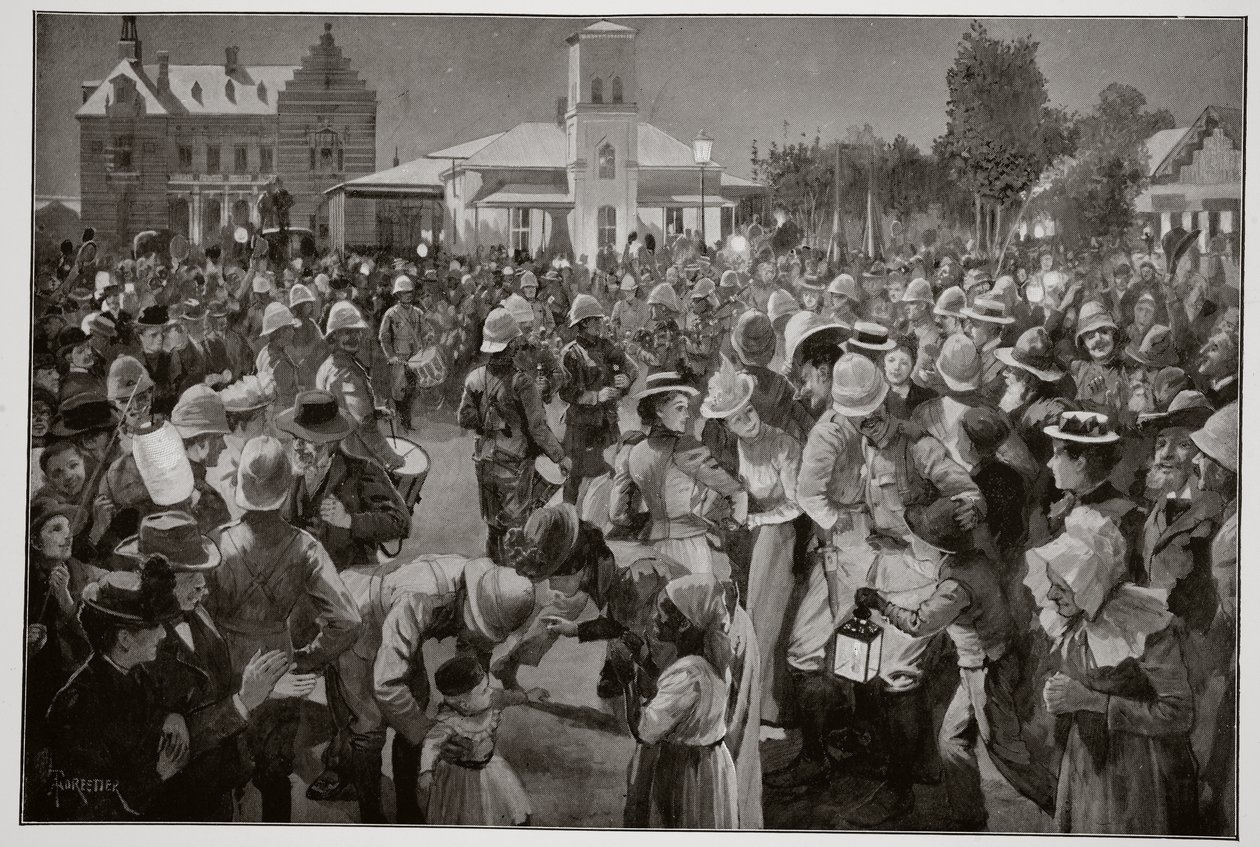 La ocupación británica de Bloemfontein - Un concierto vespertino en la plaza del mercado por las gaitas de la Brigada Highland de Amedee Forestier