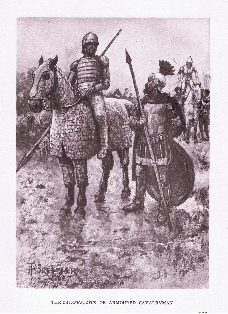 El Cataphractus o caballero acorazado, ilustración de El Soldado Romano, 1928 de Amedee Forestier