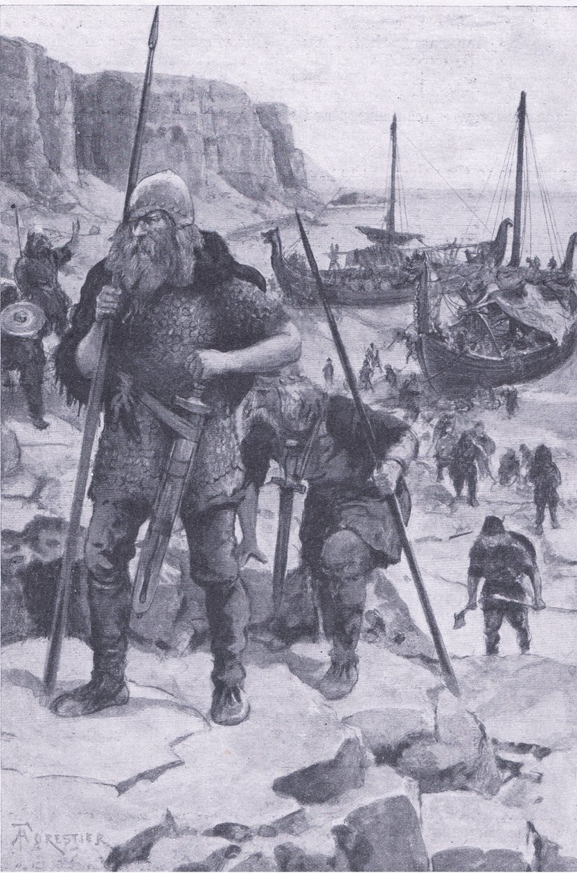 Los vikingos encuentran América, de My Magazine, pub.1922 (litografía) de Amedee Forestier