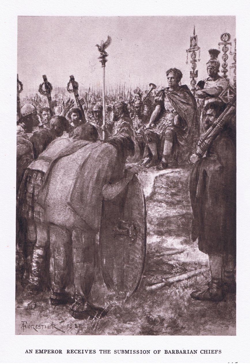 El emperador recibe la sumisión de los jefes bárbaros, ilustración de El Soldado Romano, 1928 de Amedee Forestier