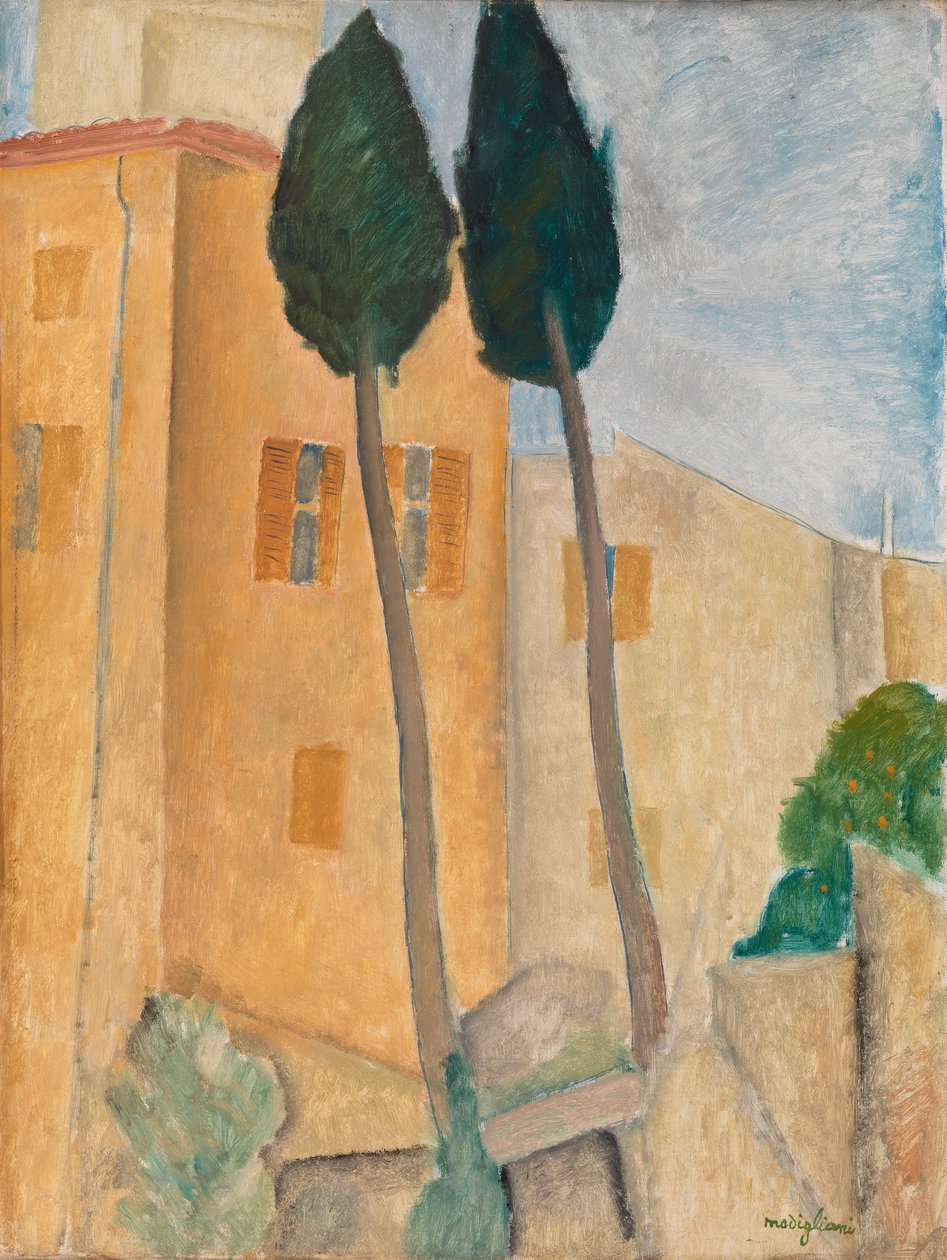 Cipreses y Casas en Cagnes de Amedeo Modigliani