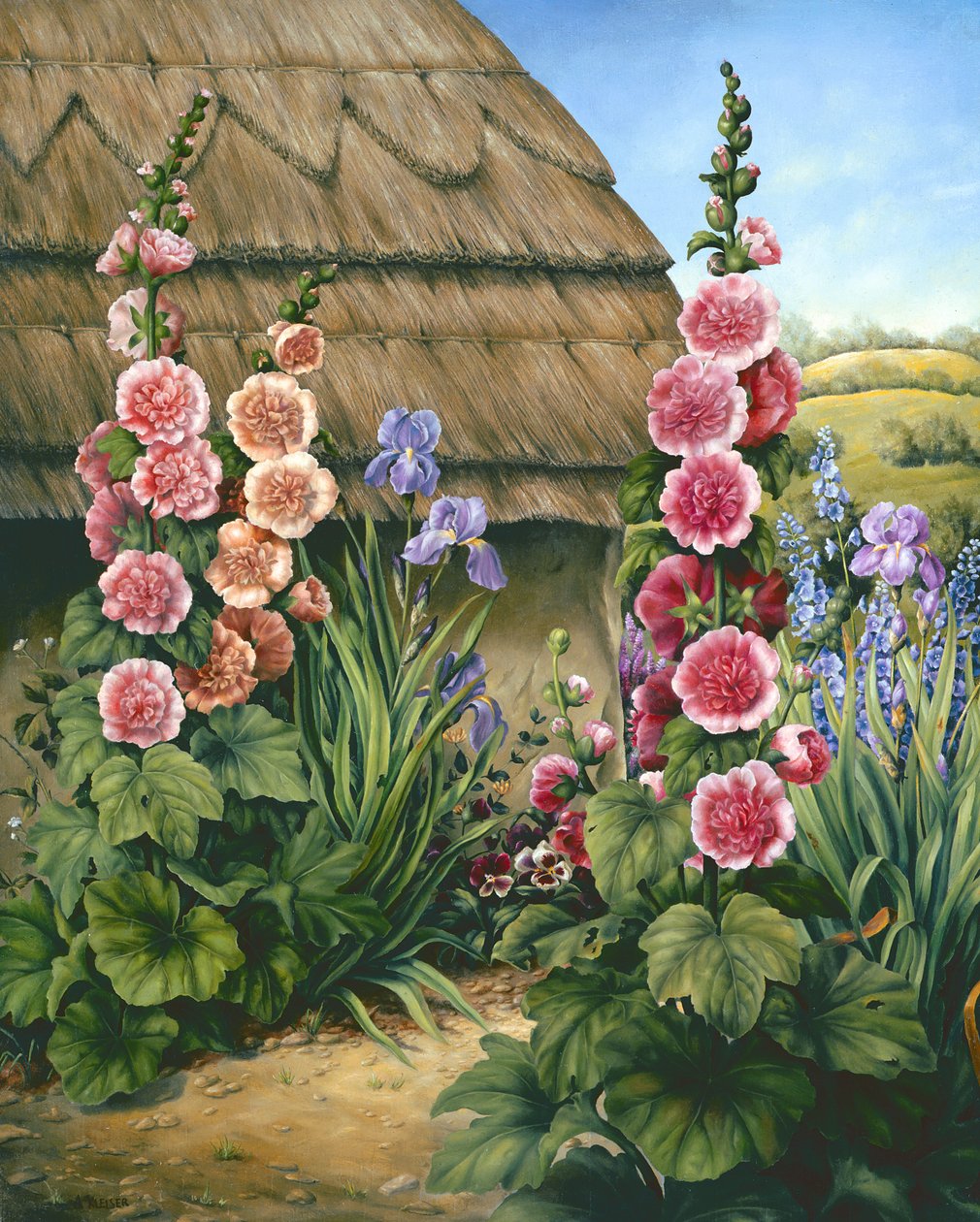 Jardín de cabaña con malvarrosas, 1995 de Amelia Kleiser