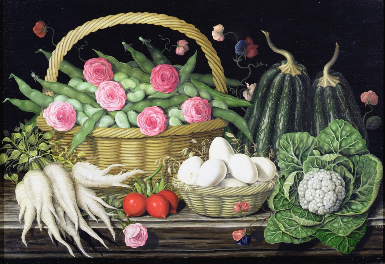 Huevos, habas y rosas en cesta, 1995 de Amelia Kleiser