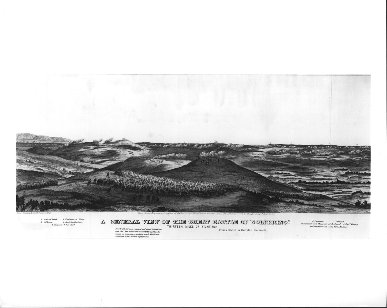 Vista general de la Gran Batalla de Solferino, 24 de junio de 1859, de un boceto de Chevalier Giacomelli, pub. por Lang und Laing, c.1859 de American School