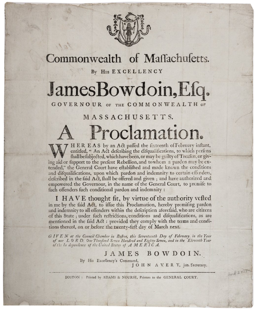 Una Proclamación: oferta de amnistía a los rebeldes de Shays, 17 de febrero de 1787 de American School