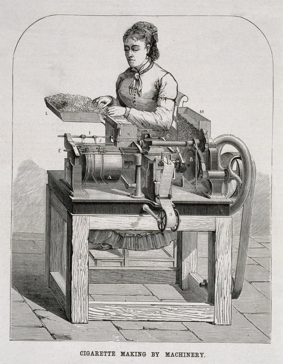 Una mujer operando una máquina francesa de enrollado de cigarrillos, 1878 de American School
