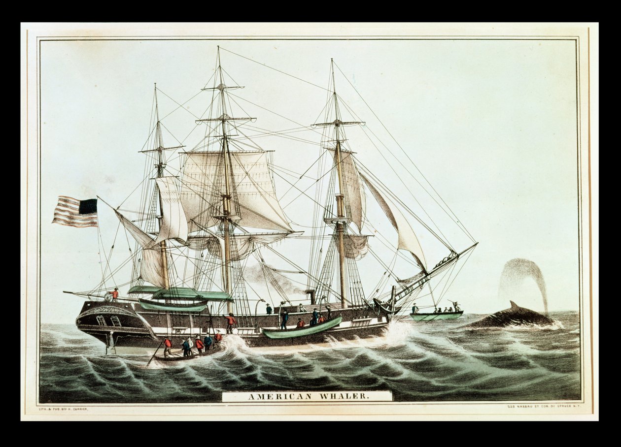Ballenero Americano, grabado por Nathaniel Currier (1813-88) de American School