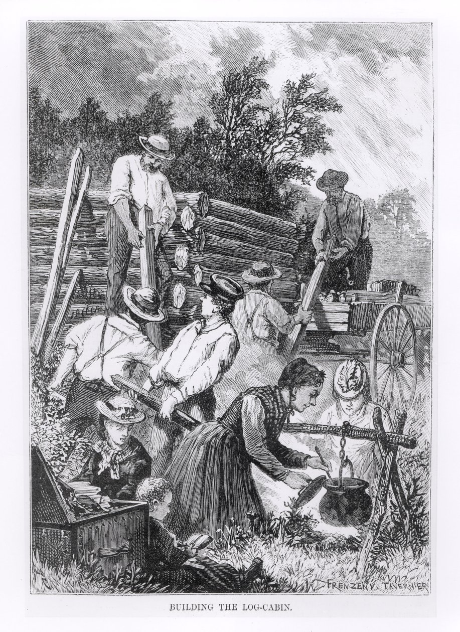 Construcción de la cabaña de troncos, grabado por Charles Maurand de American School