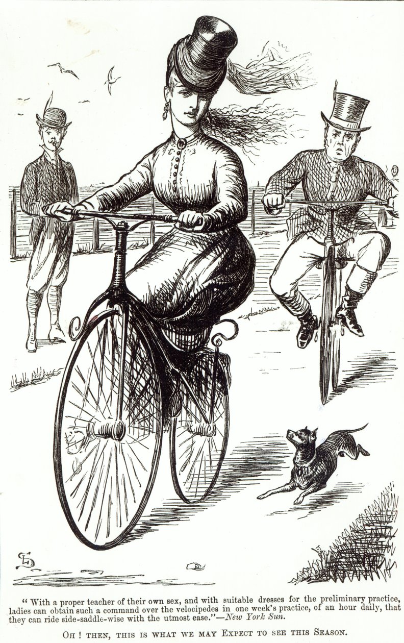Caricatura de una dama en un velocípedo, 1869 de American School