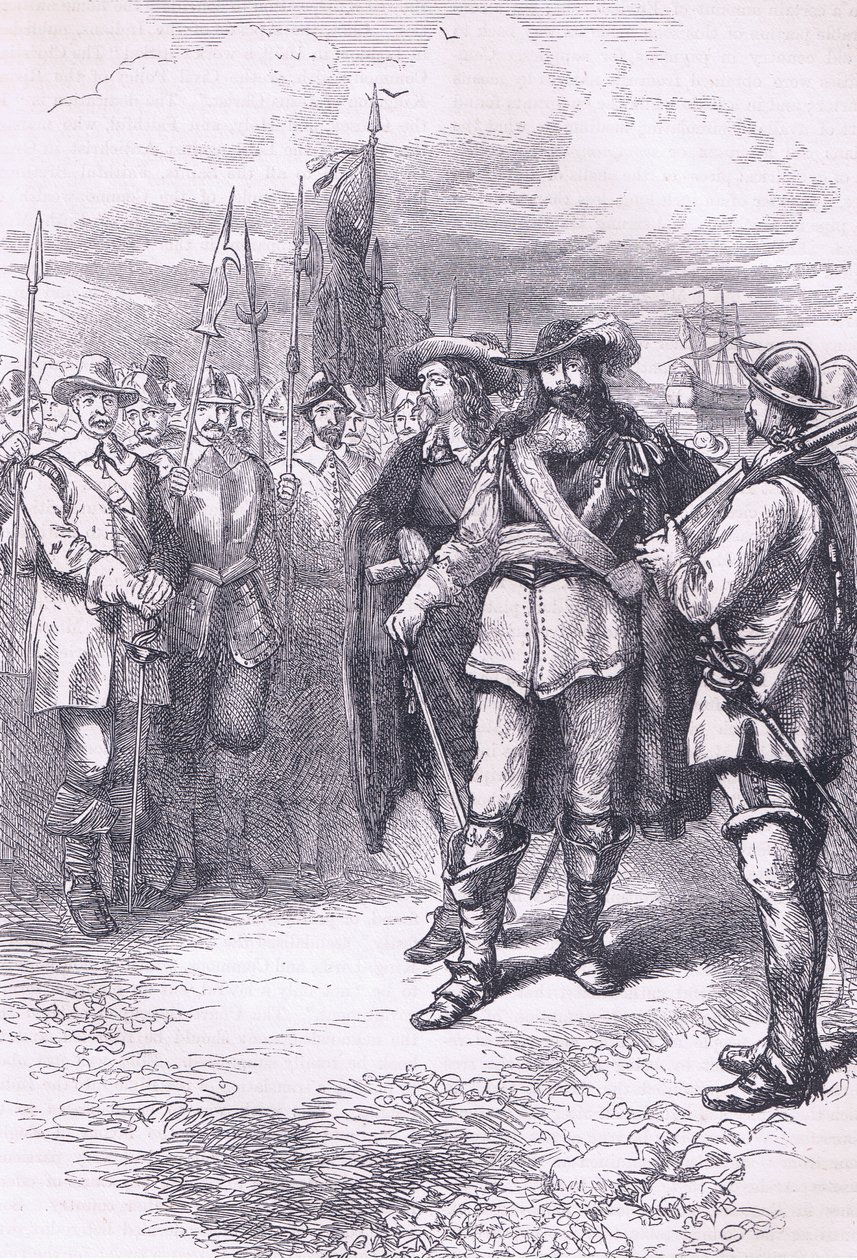 Comisionados desembarcando en Boston 1665, ilustración de la Historia de los Estados Unidos de Cassell publicada por Petter & Galpin c.1890 de American School