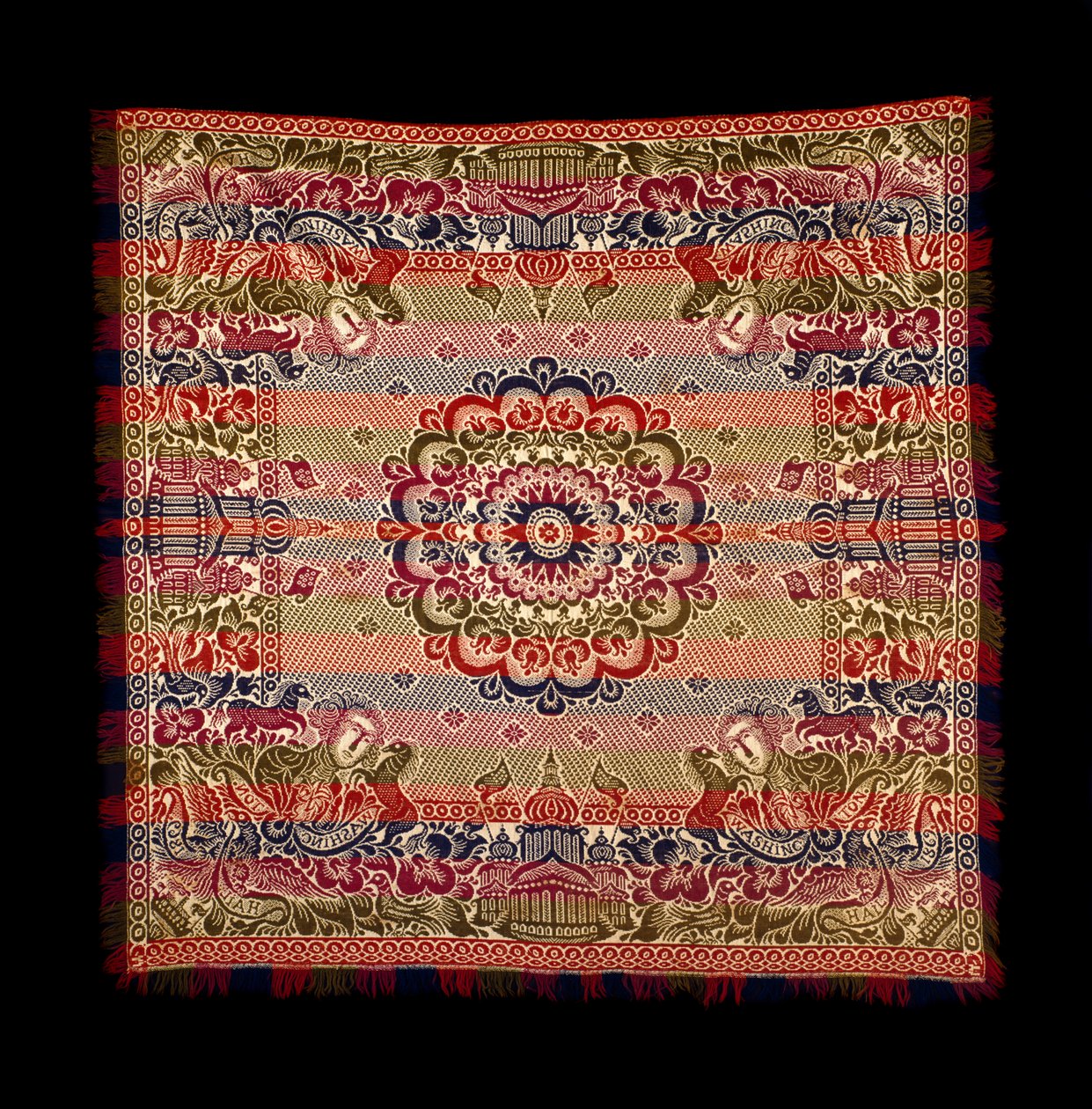 Cubrecama de doble tejido, producido por Lancaster Carpet, Coverlet, Quilt and Yarn Manufacturing, 1869 de American School